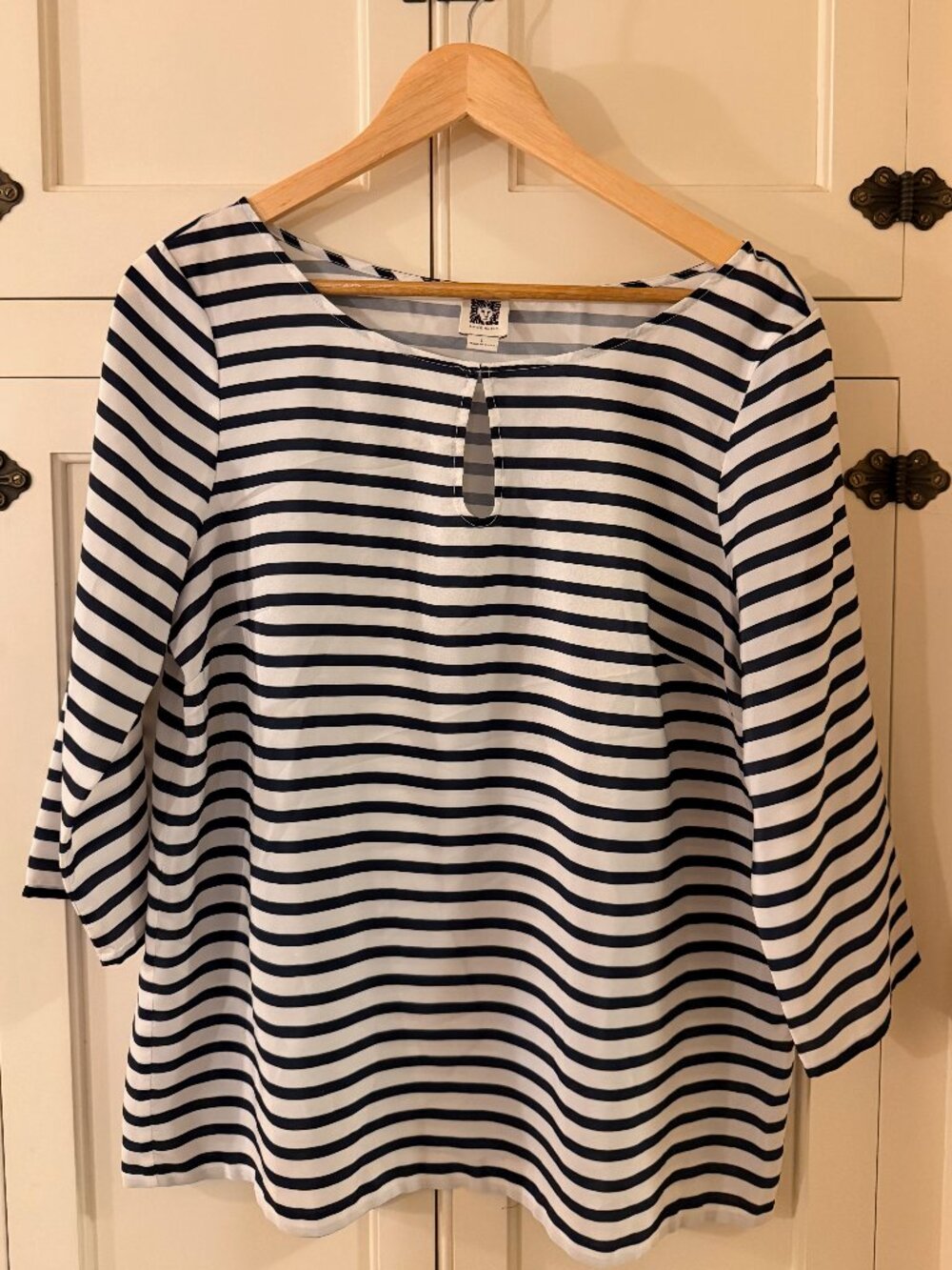 Anne Klein Navy & White Striped Keyhole Blouse – Women's Large